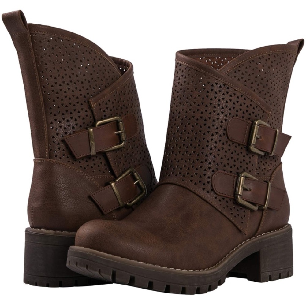 Brown Buckle Vegan Premium Synthetic Leather Mid Calf Mesh Boots